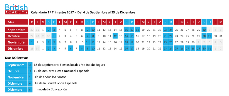 Calendario lectivo en British Academy